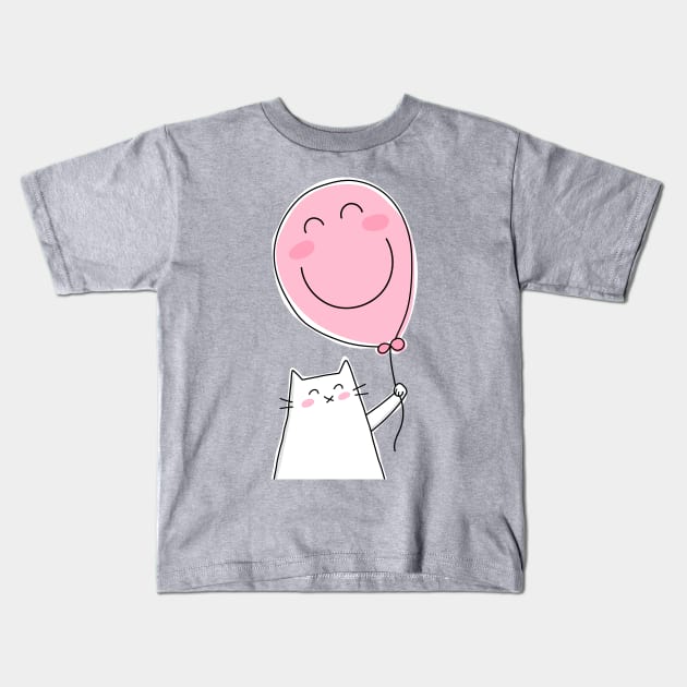 Cat Holding a Pink Smiley Face Balloon Kids T-Shirt by HappyCatPrints